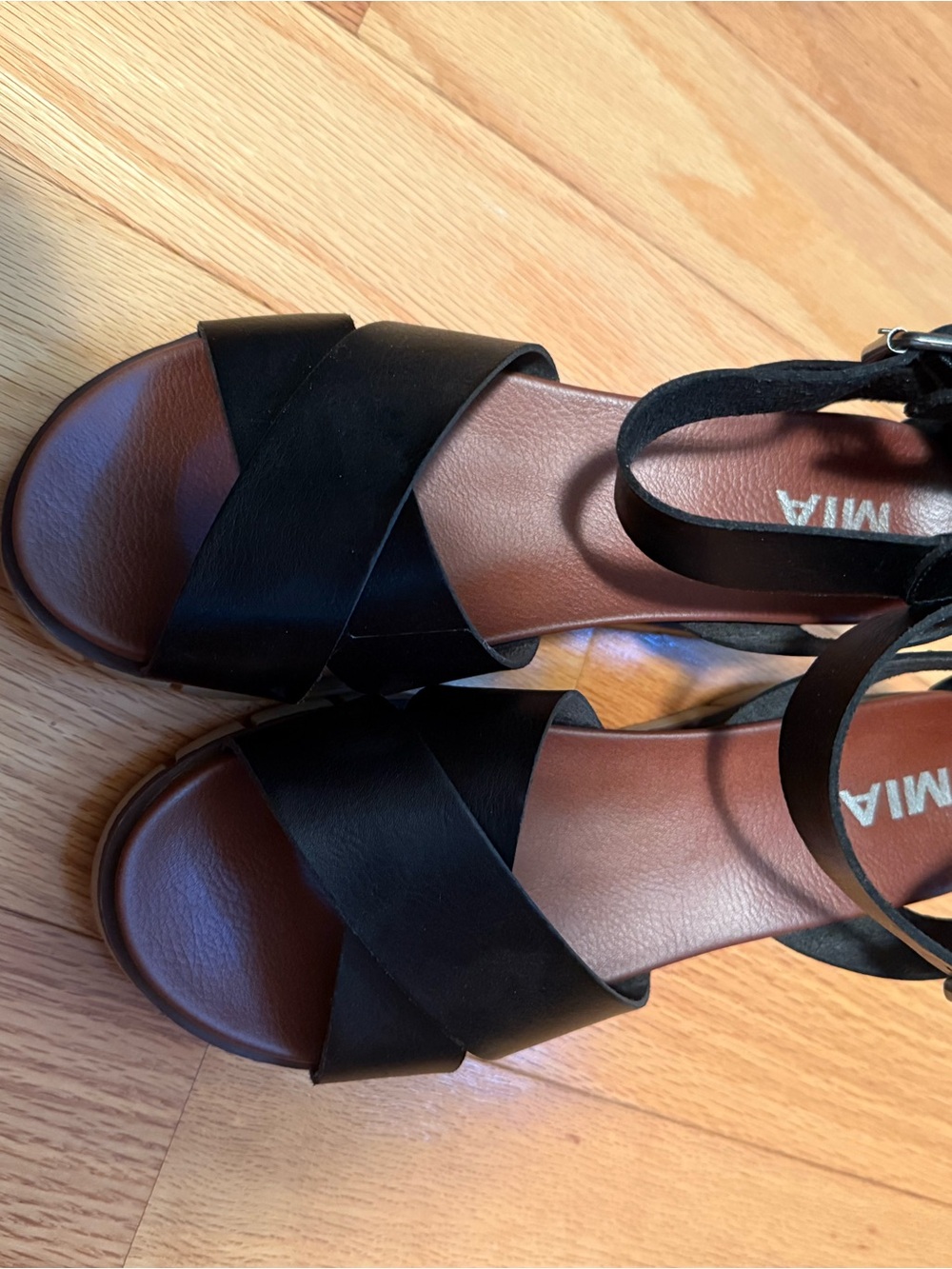 MIA Black Cross-Strap Ankle Buckle Sandals